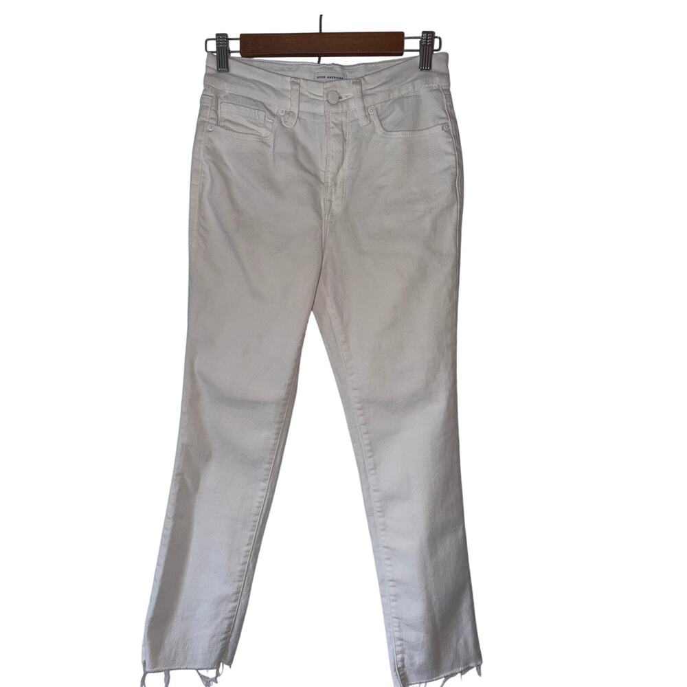 Good American White Mid Rise Good Legs Straight Everyday Jeans Raw Hem Size 0 25